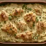 Golden-brown baked chicken with creamy rice in a rustic dish, garnished with fresh herbs.