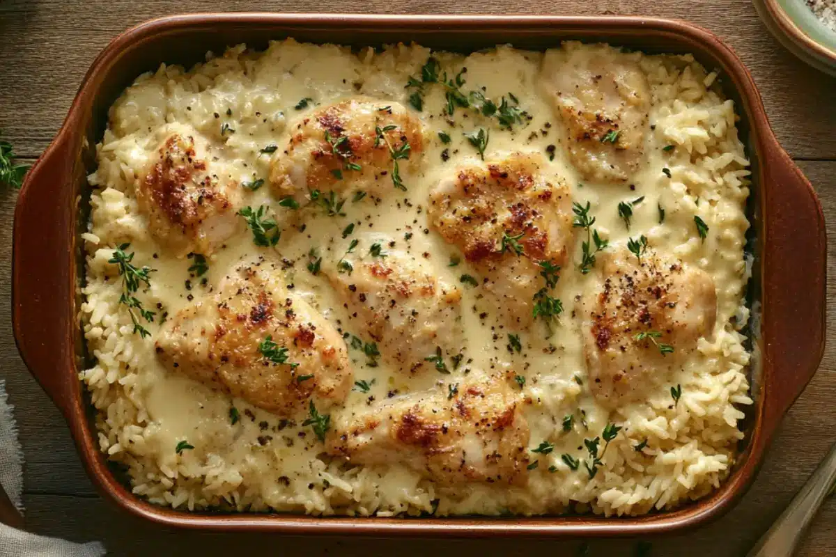 Golden-brown baked chicken with creamy rice in a rustic dish, garnished with fresh herbs.