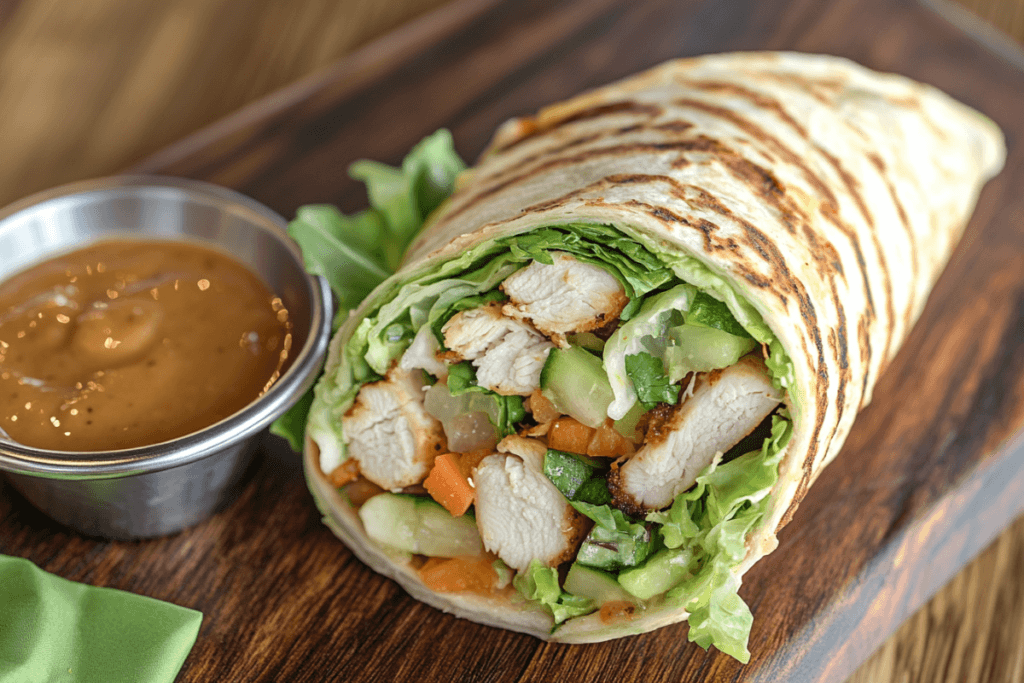 A grilled chicken wrap cut open to reveal fresh vegetables and juicy chicken, served on a rustic board with a side of sauce.