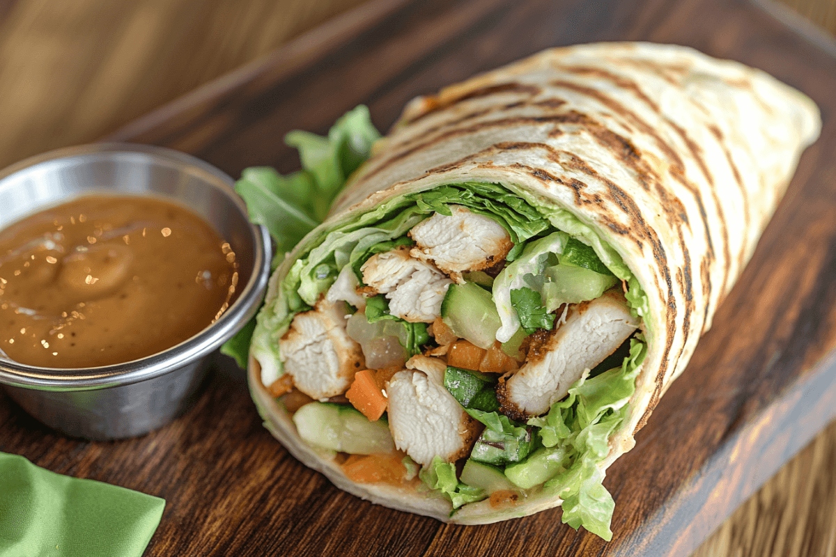 Are Chicken Wraps Healthy? 7 Key Facts You Need to Know 1 A grilled chicken wrap cut open to reveal fresh vegetables and juicy chicken, served on a rustic board with a side of sauce.
