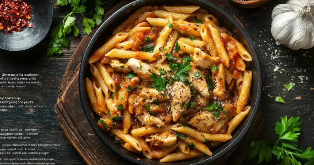 penne-pasta-with-tomato-sauce-and-chicken-in-a-skillet-garnished-with-parsley-garlic-and-chili-flakes-nearby