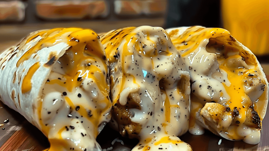 Close-up of three cheesy burritos filled with chicken and drizzled with creamy sauce.