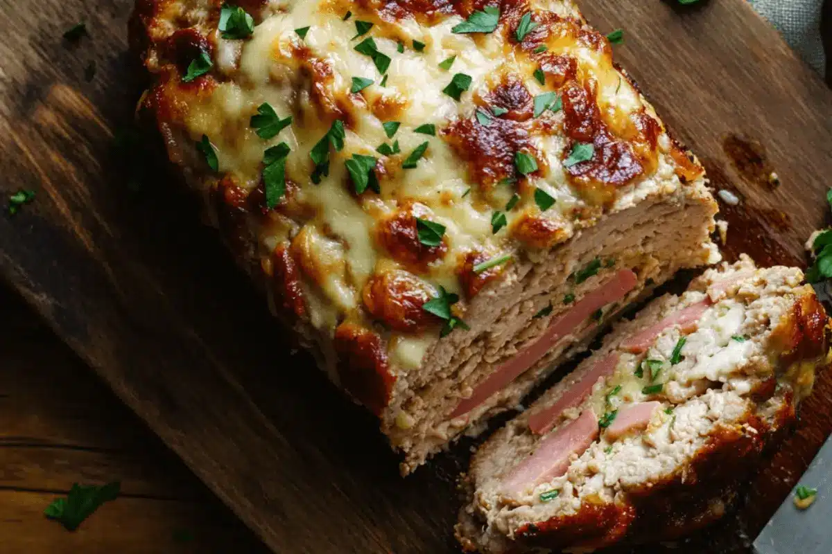 Chicken cordon bleu meatloaf sliced with layers of ham and cheese on a wooden cutting board.