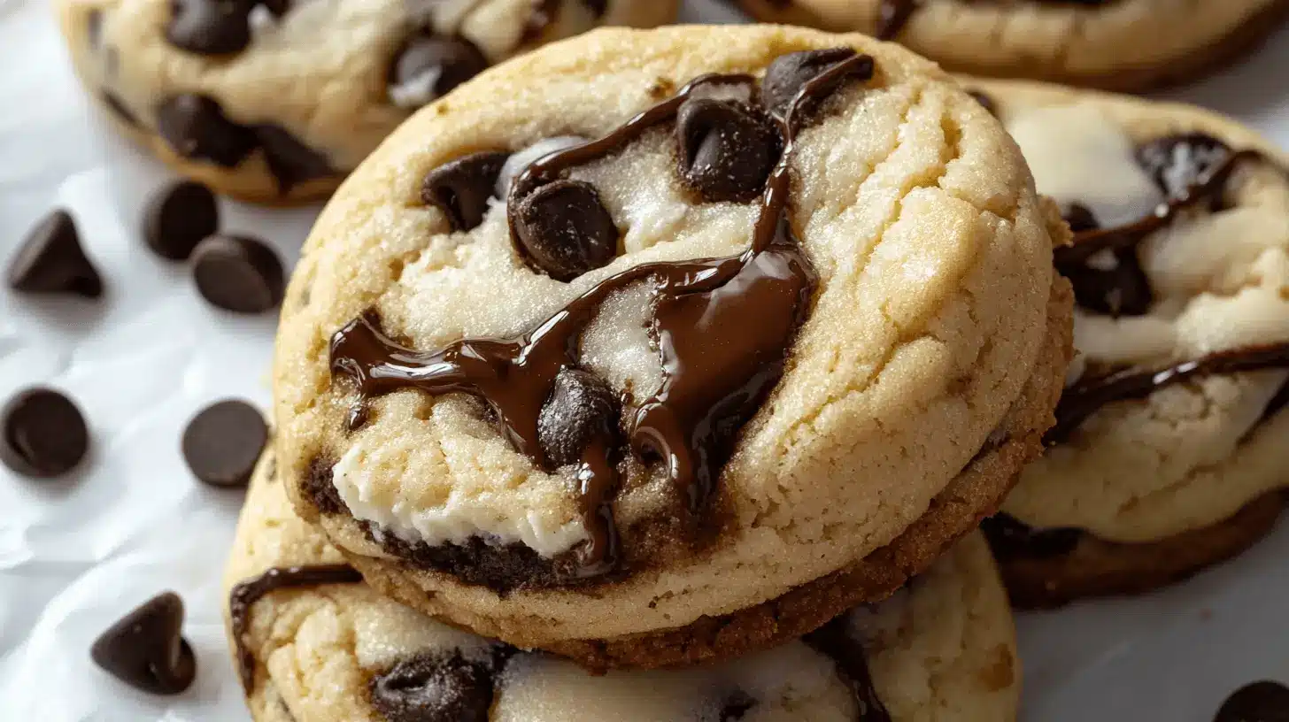 chocolate chip cheesecake cookies with gooey chocolate and creamy filling on a white background.