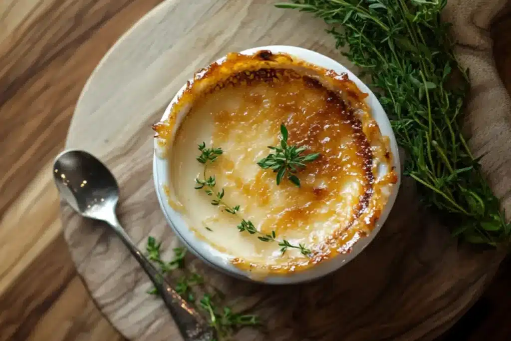 Golden-crusted crab brulee served in ramekins on a rustic board with fresh herbs and a spoon for garnish.