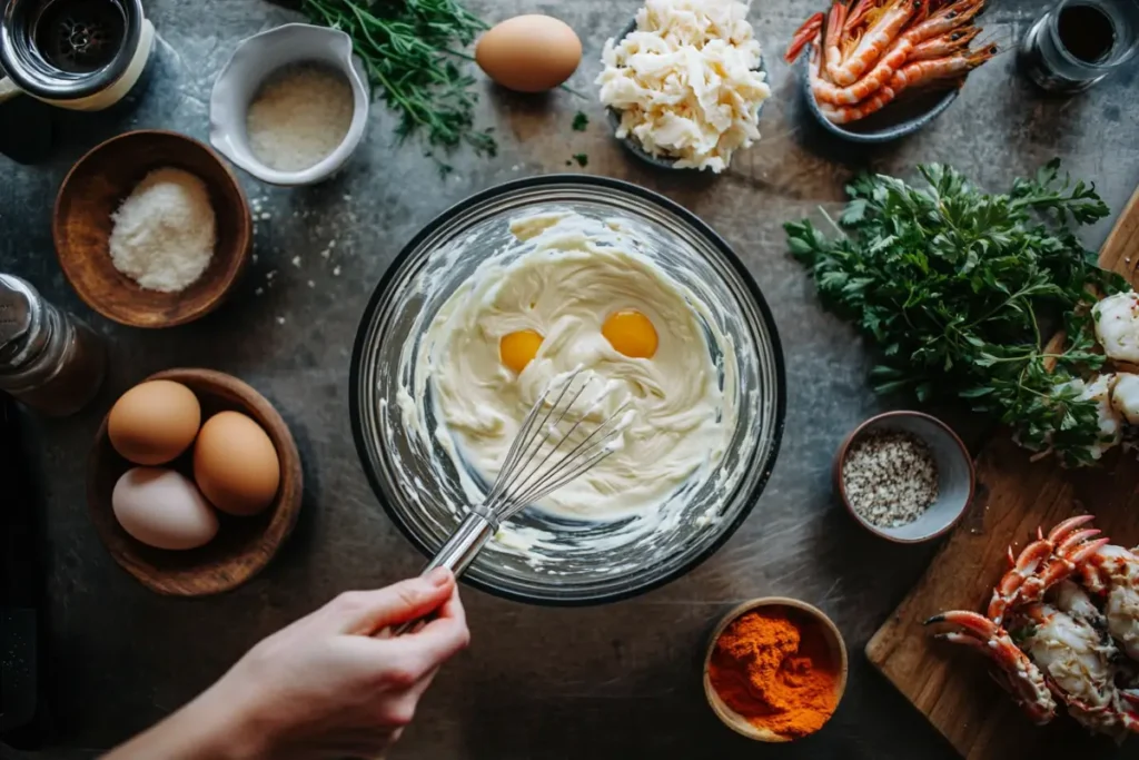 Mixing custard for a crab brulee recipe with fresh ingredients arranged on a kitchen counter.