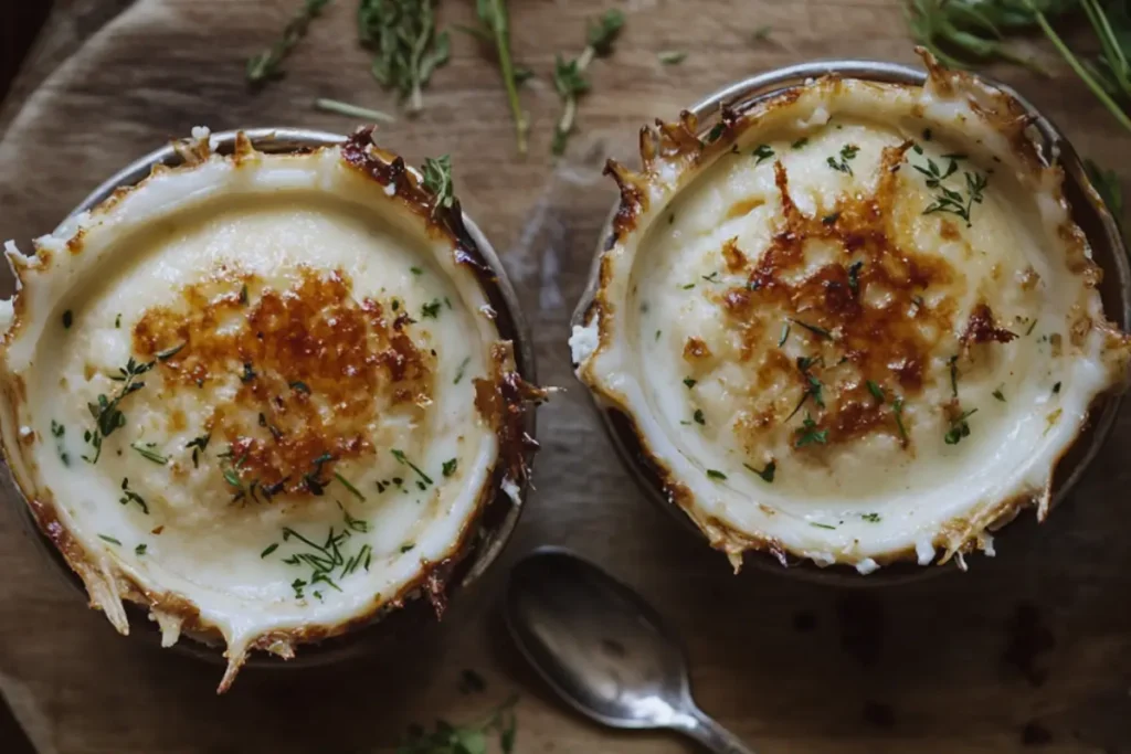 Ramekins with custard for crab brulee baking in a water bath inside the oven.
