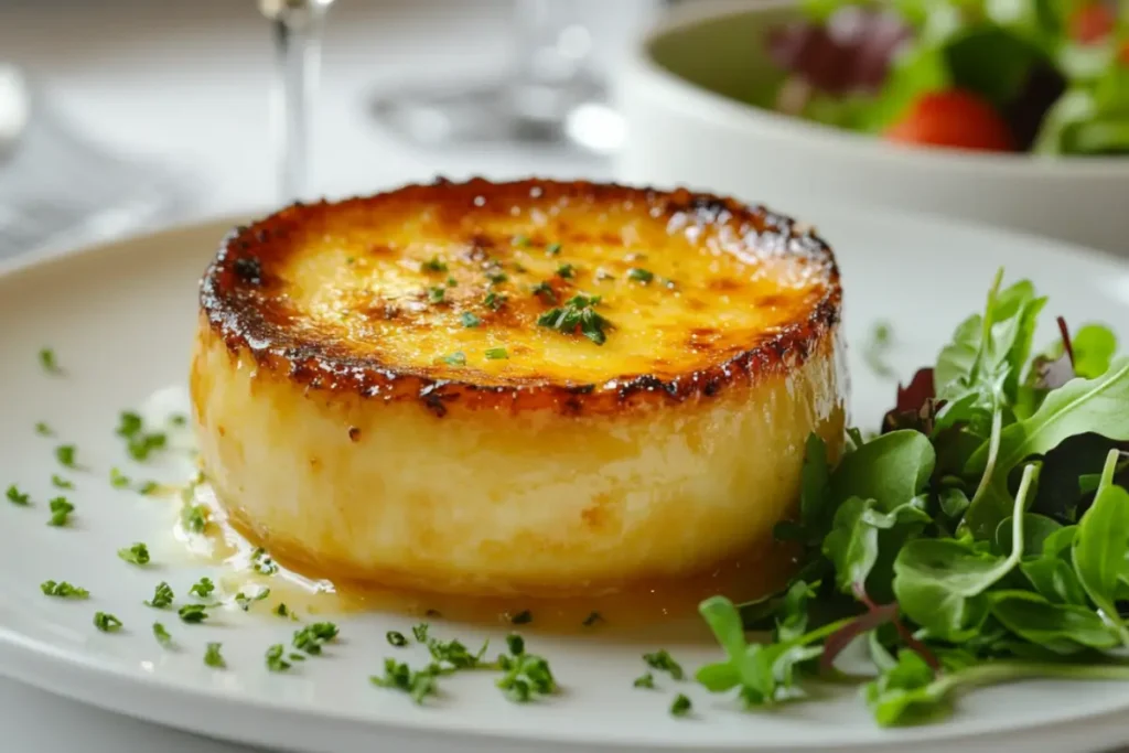 A crab brulee with a caramelized crust, garnished with herbs, served with white wine and a salad.