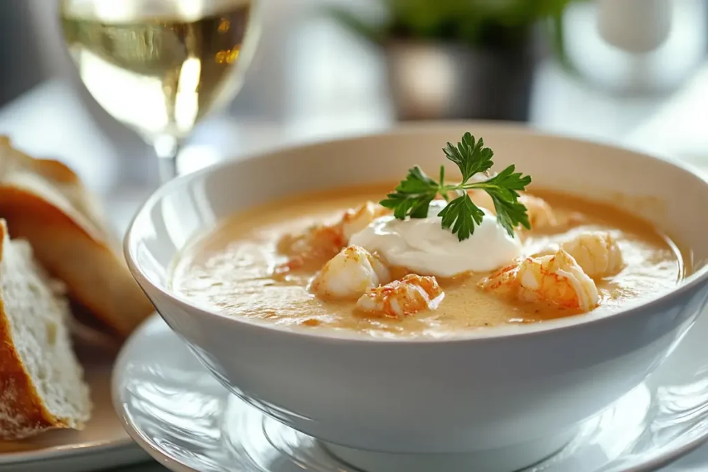 Crab and Shrimp Seafood Bisque: A Creamy Delight for Seafood Lovers 4 A bowl of crab and shrimp seafood bisque garnished with crème fraîche and parsley, paired with white wine and bread.