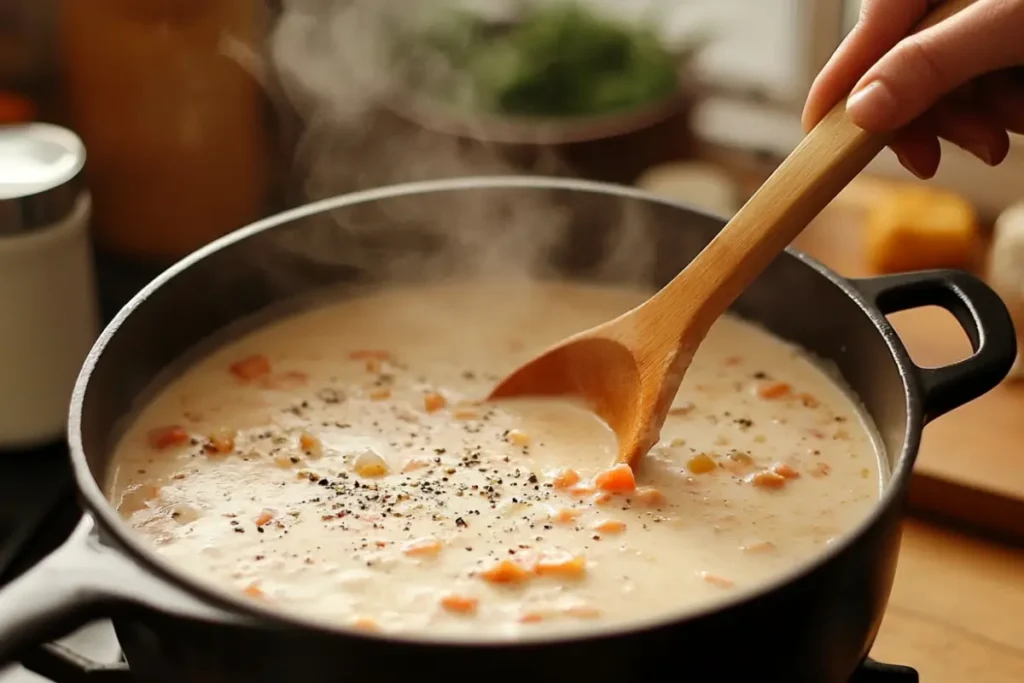 Crab and Shrimp Seafood Bisque: A Creamy Delight for Seafood Lovers 3 A pot of crab and shrimp seafood bisque simmering on the stove, with a hand stirring using a wooden spoon.