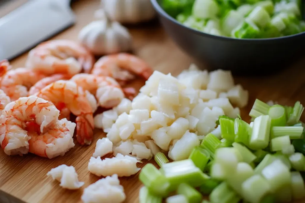 Crab and Shrimp Seafood Bisque: A Creamy Delight for Seafood Lovers 2 Fresh shrimp, crab meat, and chopped vegetables on a cutting board with a knife nearby.