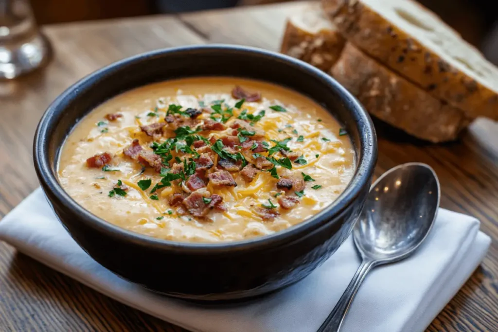 A steaming bowl of crock pot crack potato soup topped with bacon, cheese, and parsley on a rustic table.