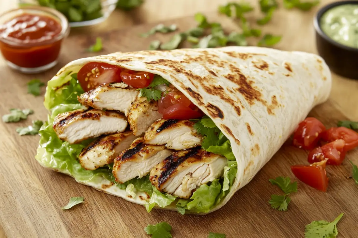 Close-up of a freshly made chicken wrap with grilled chicken, lettuce, tomatoes, and sauce on a wooden cutting board.