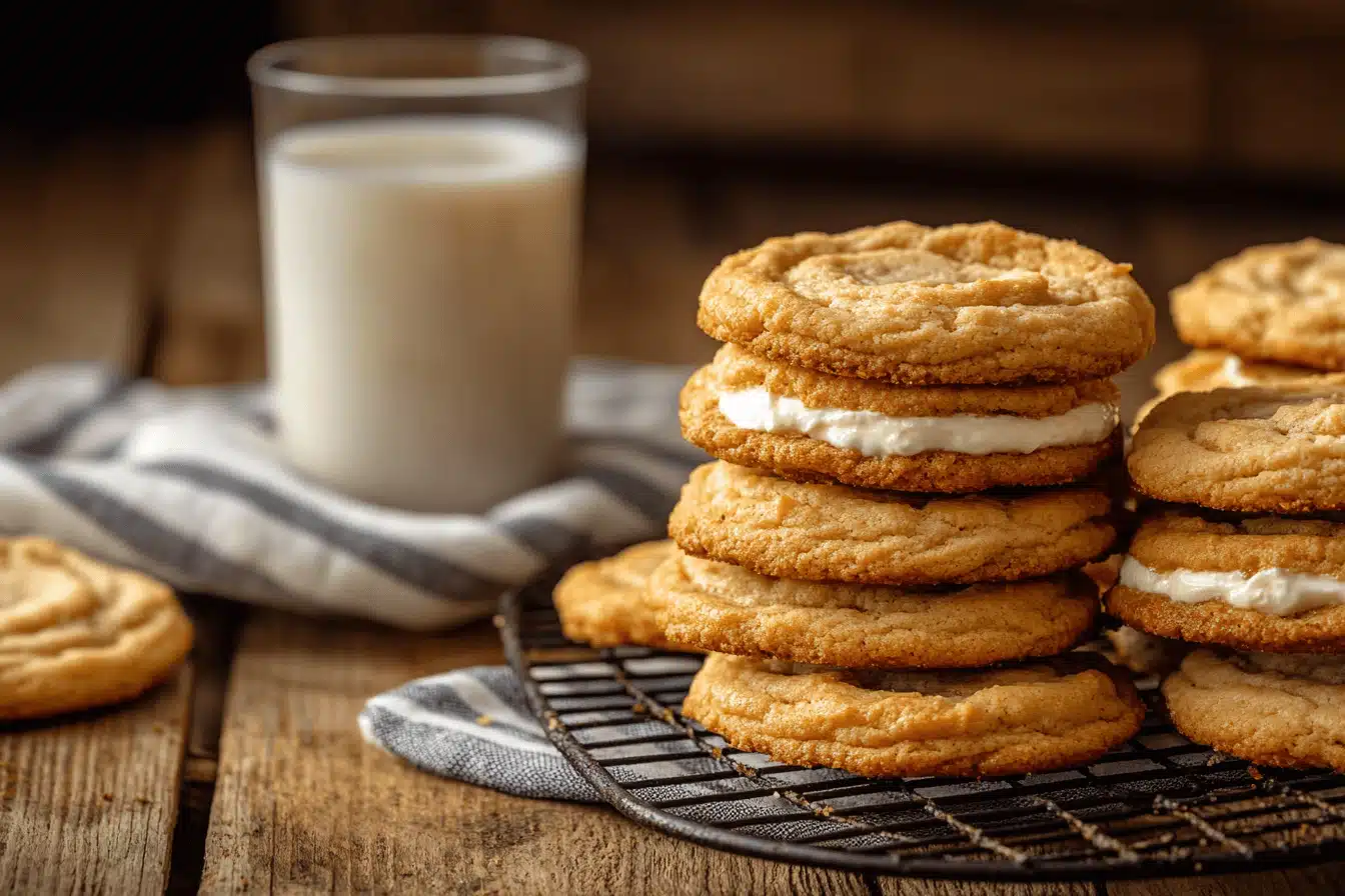 Cream cheese filled cookies stacked on a cooling rack with creamy filling oozing out, surrounded by a glass of milk and a napkin.