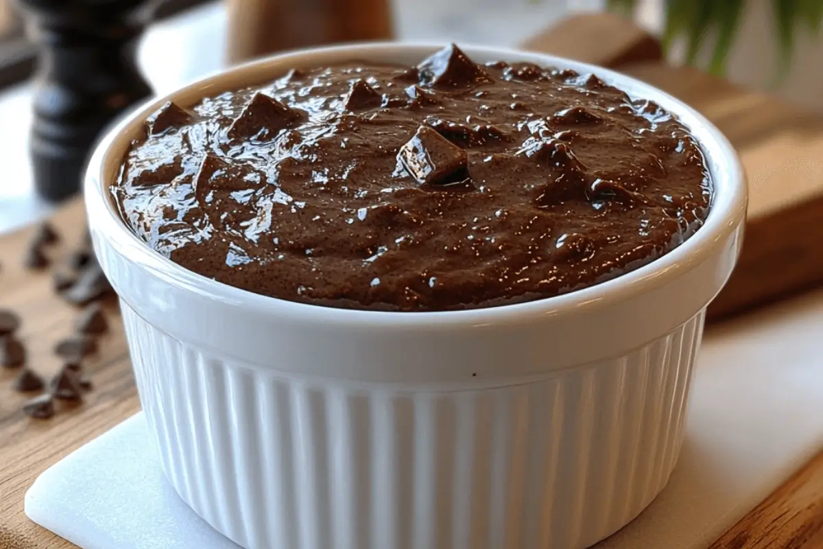 Close-up of a bowl of rich edible brownie batter topped with chocolate chips and melted chocolate, inviting and indulgent.