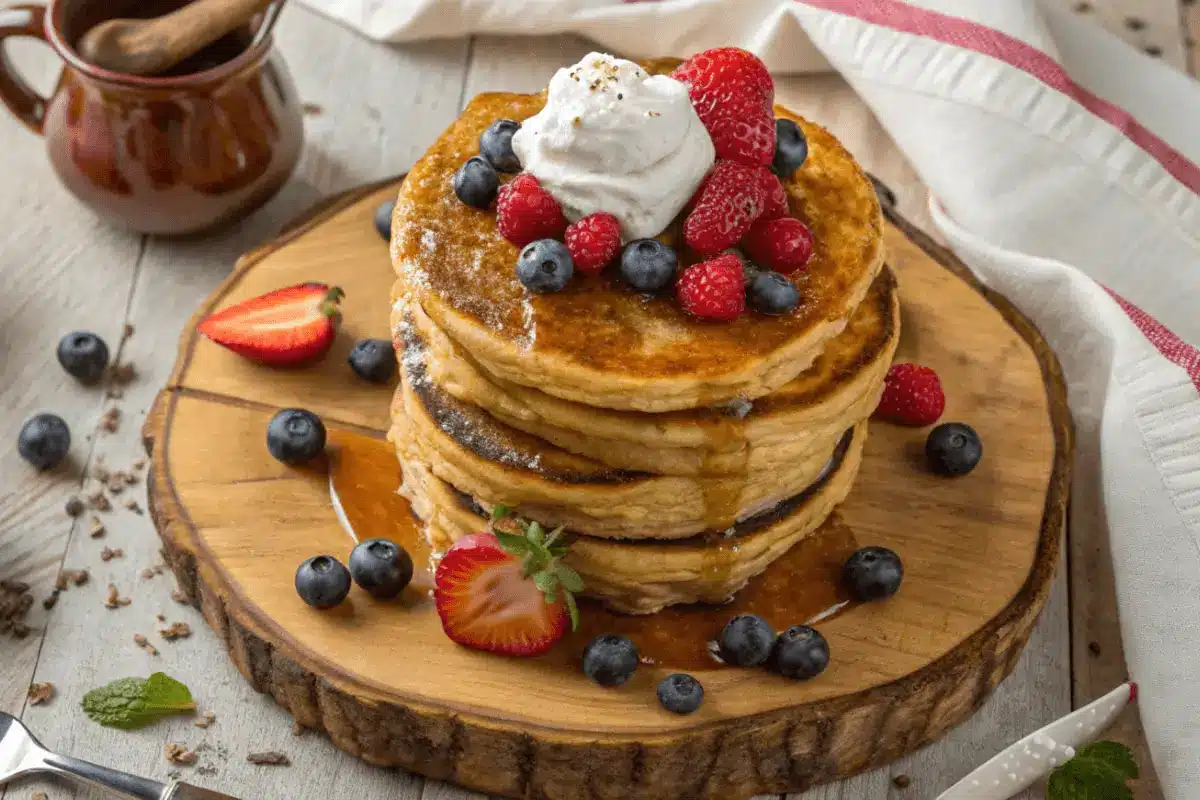 Stack of golden French toast pancakes topped with fresh berries and syrup.