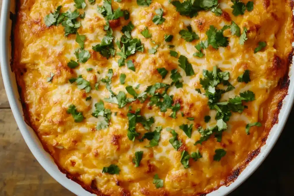 baked-casserole-in-white-dish-topped-with-melted-cheese-and-fresh-cilantro