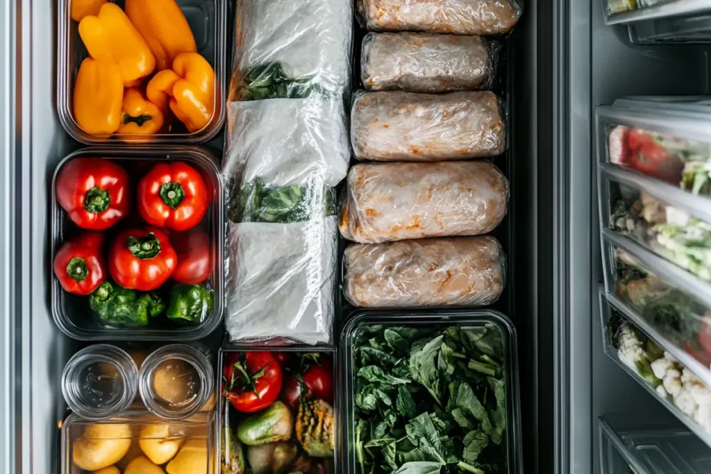 Chicken wraps neatly wrapped and labeled in a refrigerator for freshness.