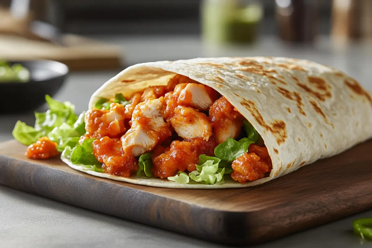 How Long is a Chicken Wrap Good For? (Comprehensive Guide) 1 chicken-wrap-with-spicy-sauce-and-lettuce-on-a-wooden-board