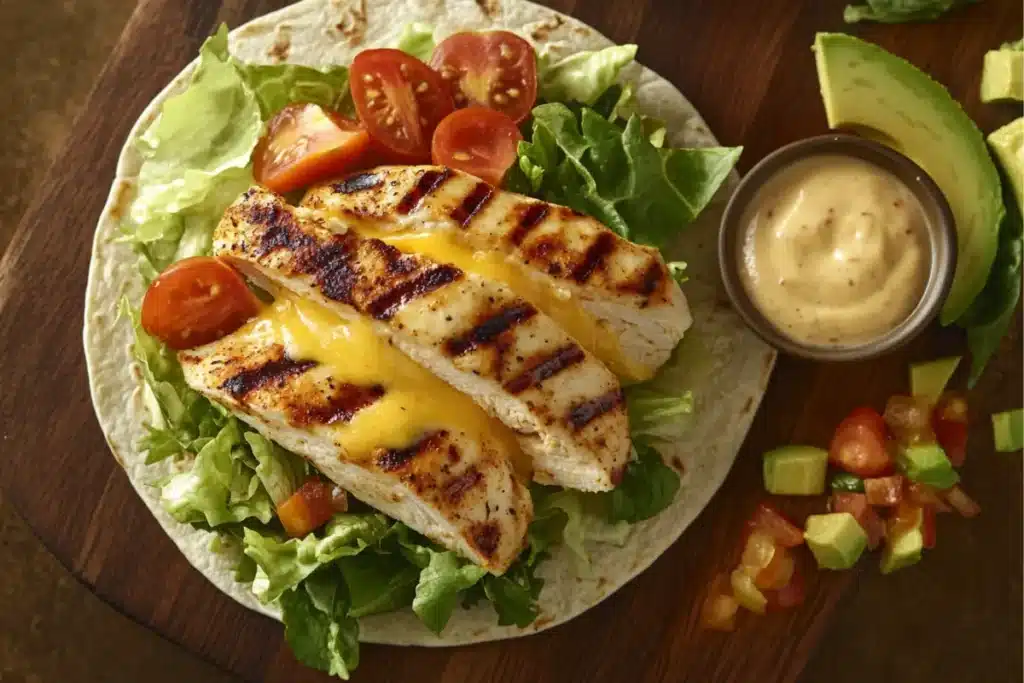 "Freshly made chicken wrap with grilled chicken, cheese, and fresh vegetables on a wooden board, served with dipping sauce and avocado slices."