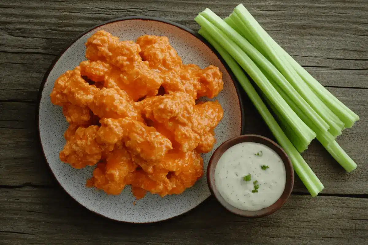 Buffalo chicken wings with ranch dressing and celery sticks.