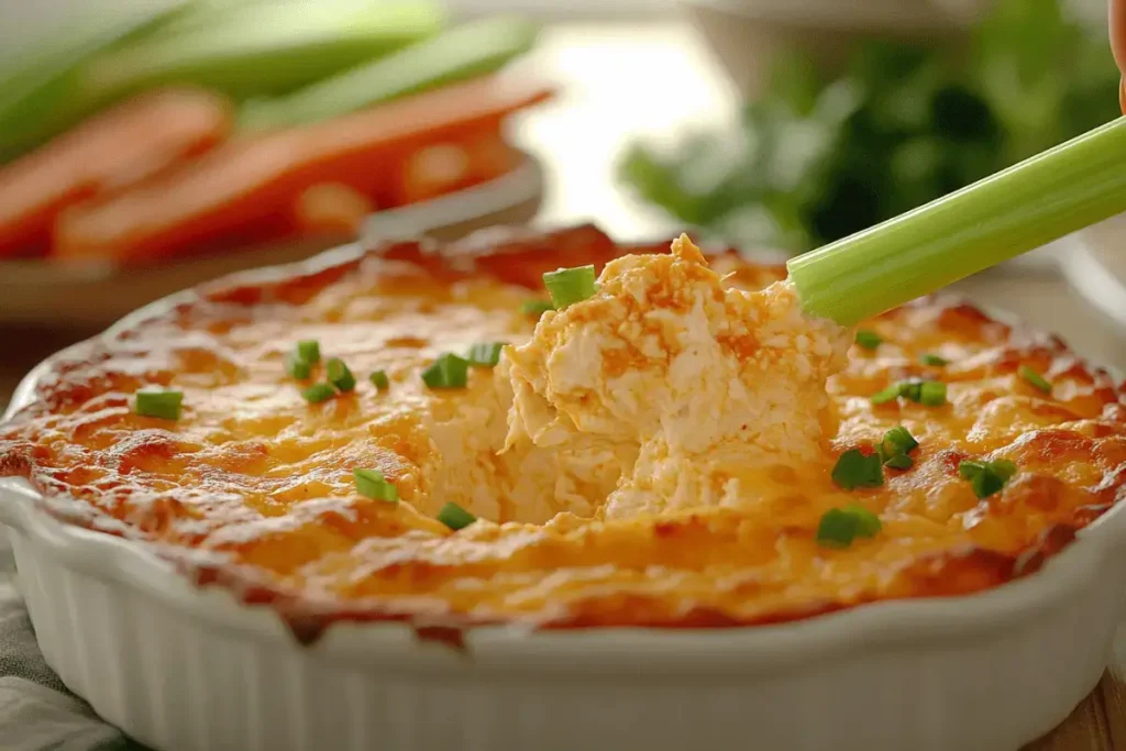 Buffalo chicken dip being scooped with a celery stick, showing its creamy texture.