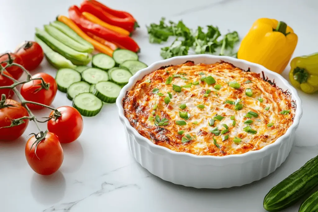 Healthy buffalo chicken dip with fresh vegetables like cucumbers and bell peppers.
