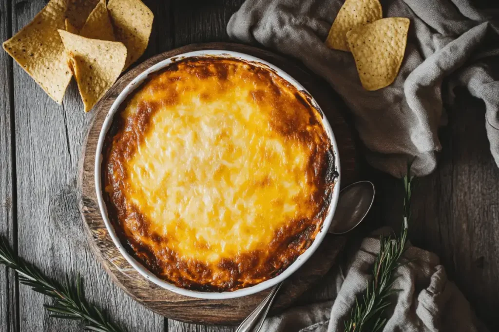 Baked buffalo chicken dip bubbling with melted cheese in a baking dish.
