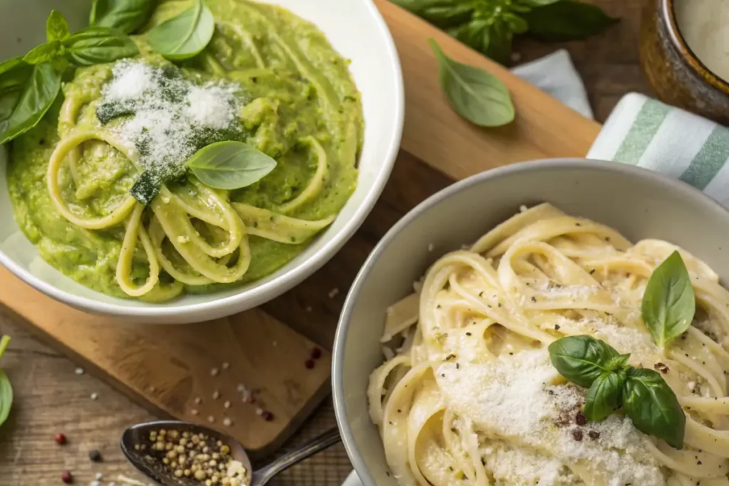 Two bowls of pasta with pesto and Alfredo sauce, garnished with basil and Parmesan.