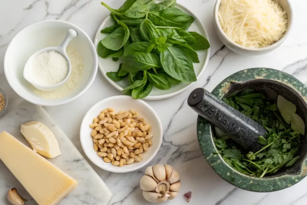Fresh ingredients for making pesto and Alfredo sauce.