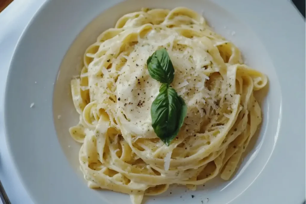 Fettuccine pasta with a mix of pesto and Alfredo sauce.