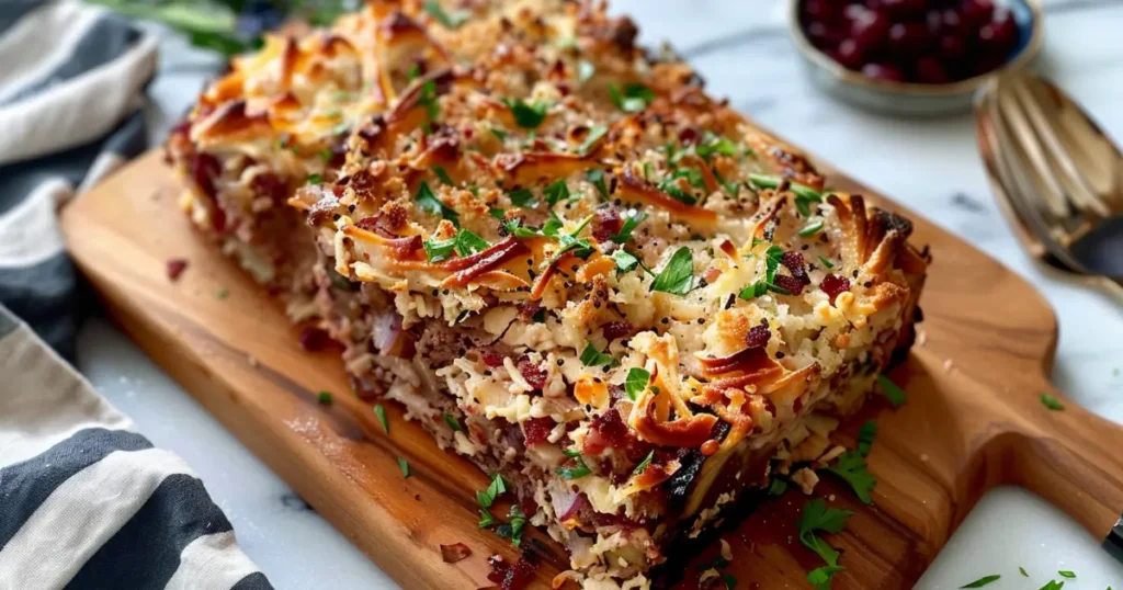 A golden-brown baked casserole with layers of noodles, cheese, and parsley garnish, presented on a wooden cutting board.