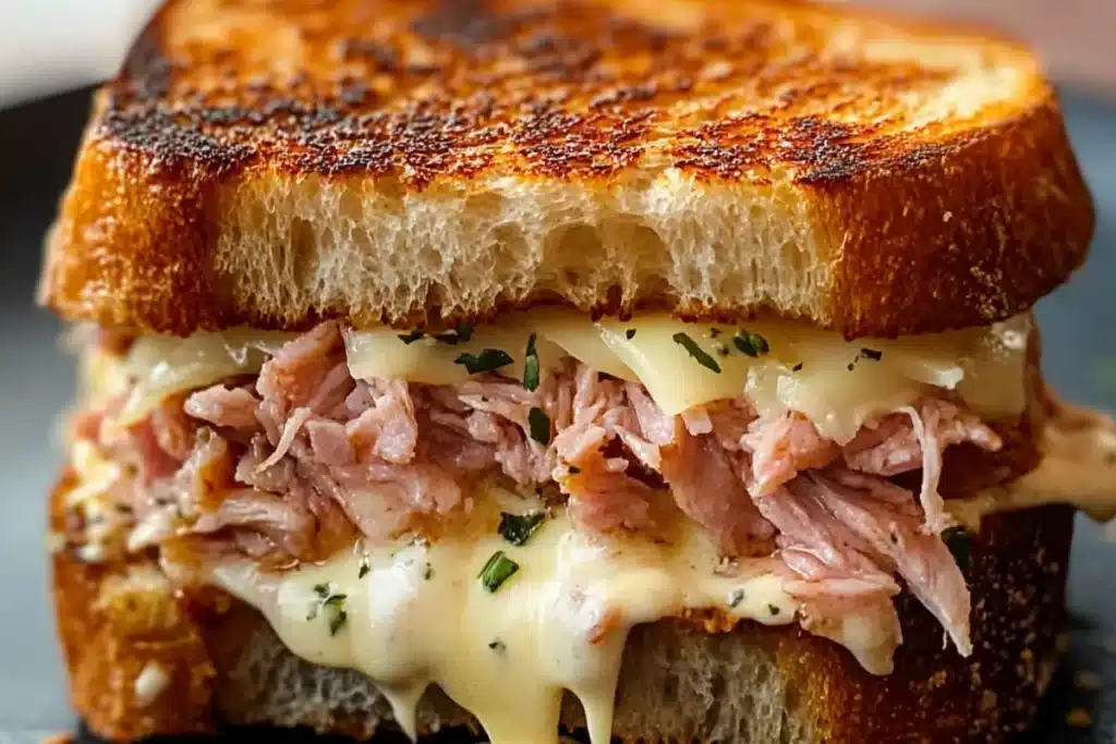 grilled-ham-and-cheese-sandwich-toasted-bread-melted-cheese-and-shredded-ham-filling-garnished-with-herbs