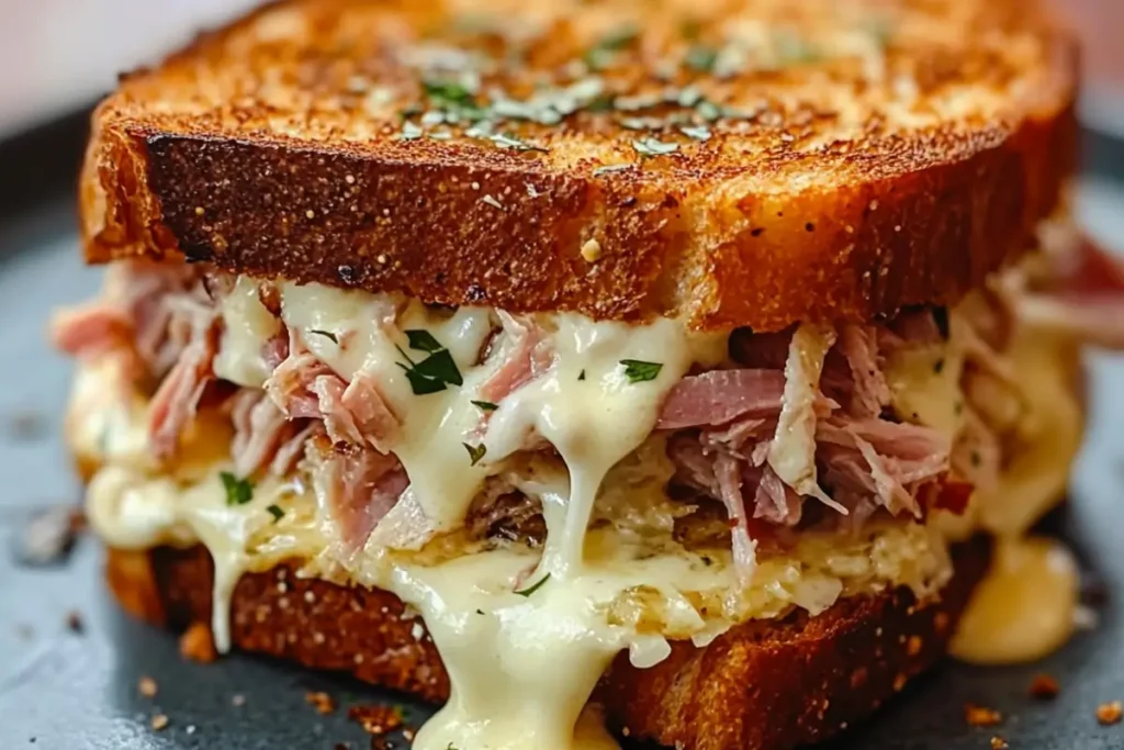 A close-up of a grilled sandwich with melted cheese, shredded meat, and toasted bread garnished with herbs.