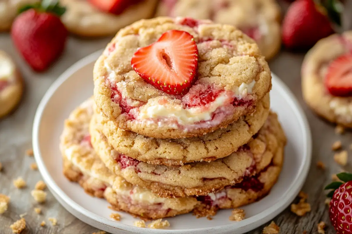 A stack of strawberry cheesecake cookies with creamy filling and fresh strawberry slices on a rustic white plate.