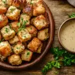 Golden-brown stuffing balls on a rustic platter with gravy.