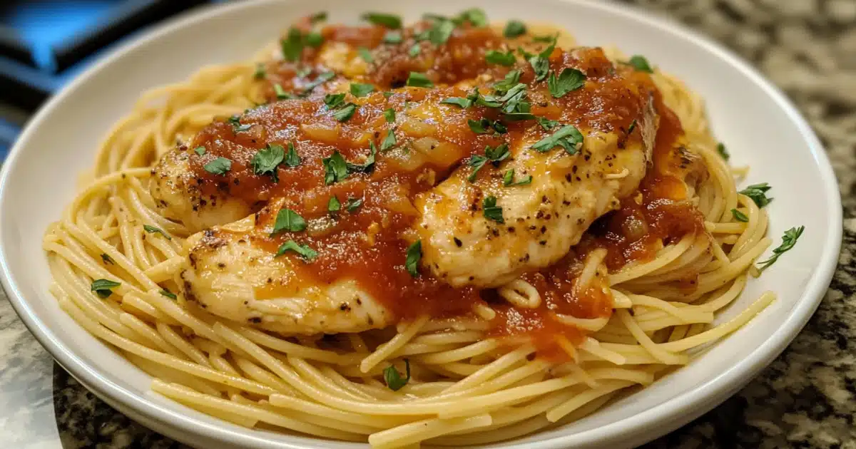 chicken-breasts-with-red-sauce-over-spaghetti-garnished-with-parsley-served-in-a-white-bowl