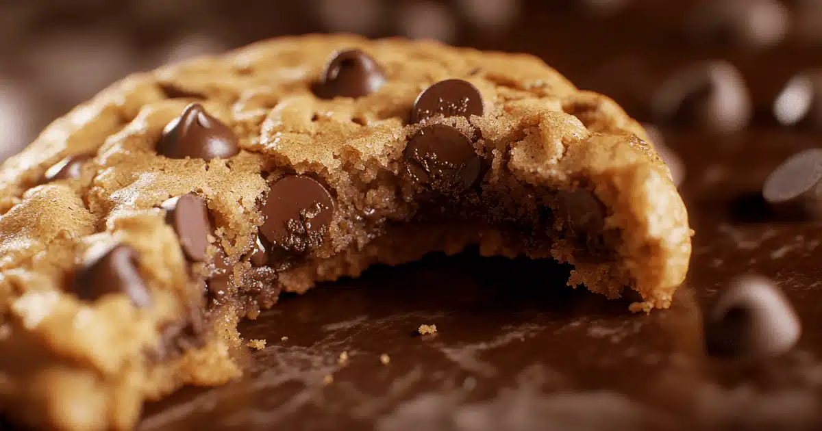 A close-up of a chocolate chip cookie with a bite taken out, revealing gooey chocolate chips inside.
