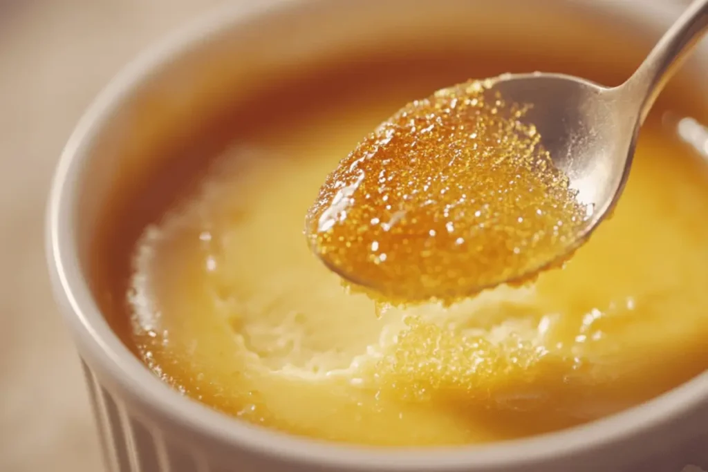 Close-up of a spoon breaking the caramelized sugar crust of crème brûlée.