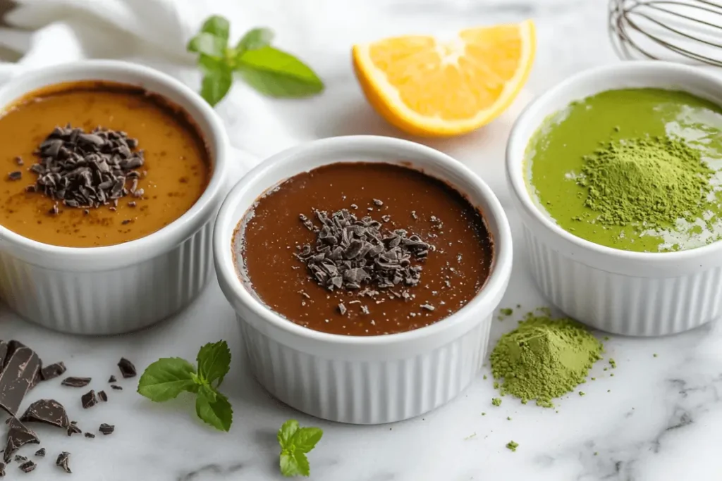 Trio of flavored crème brûlée: chocolate, citrus, and matcha with caramelized crusts.
