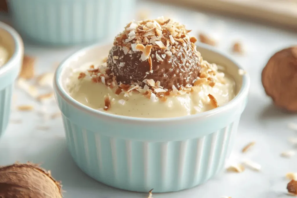 Dairy-free coconut crème brûlée with caramelized sugar and toasted coconut flakes.
surrounded by vanilla pods and sugar.