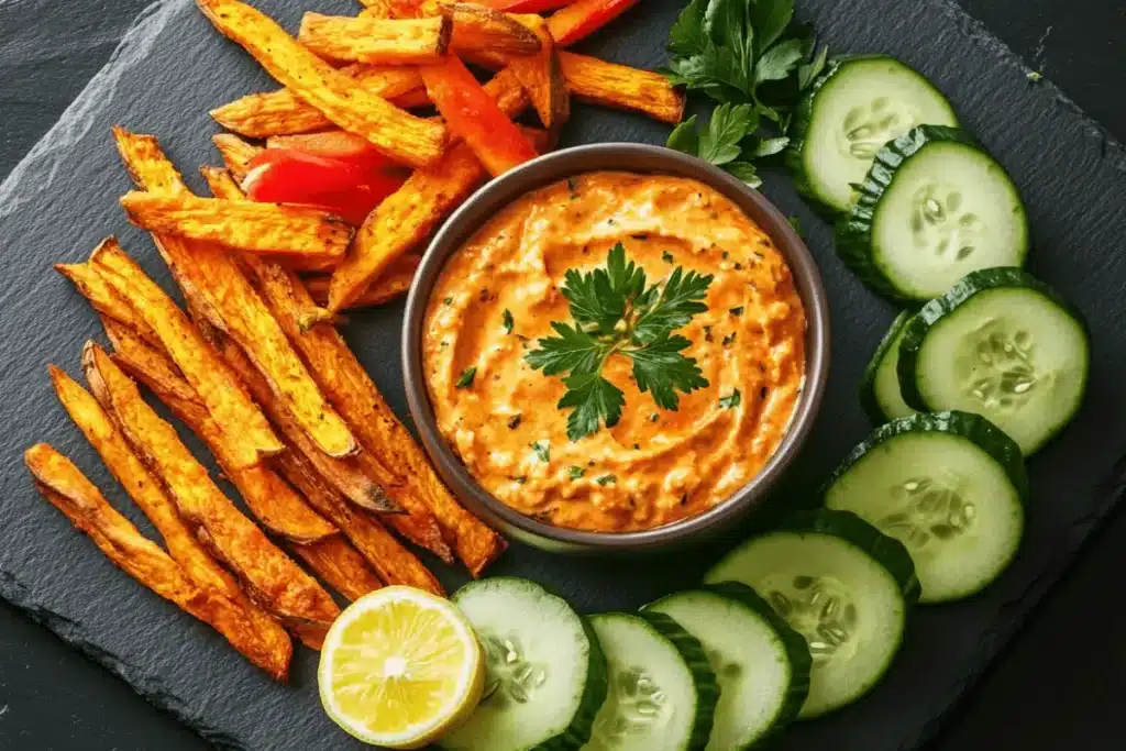 Healthy sides like roasted sweet potato fries, bell peppers, and zucchini chips with buffalo chicken dip.