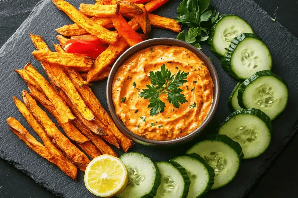 Healthy sides like roasted sweet potato fries, bell peppers, and zucchini chips with buffalo chicken dip.