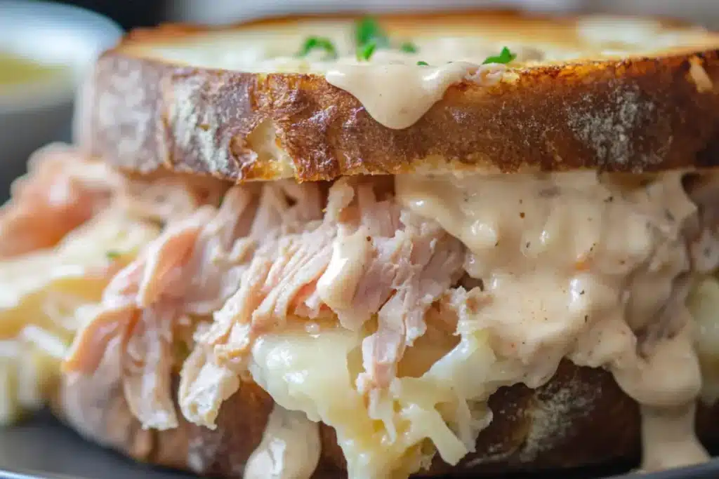 closeup-of-a-turkey-sandwich-with-melted-cheese-and-creamy-sauce-on-toasted-bread-garnished-with-herbs