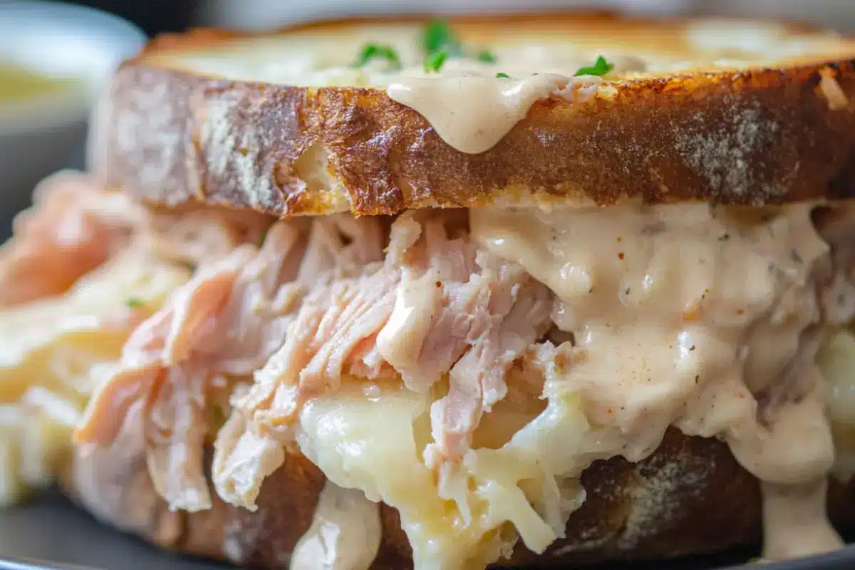 What is a Georgia Reuben Sandwich? 1 closeup-of-a-turkey-sandwich-with-melted-cheese-and-creamy-sauce-on-toasted-bread-garnished-with-herbs