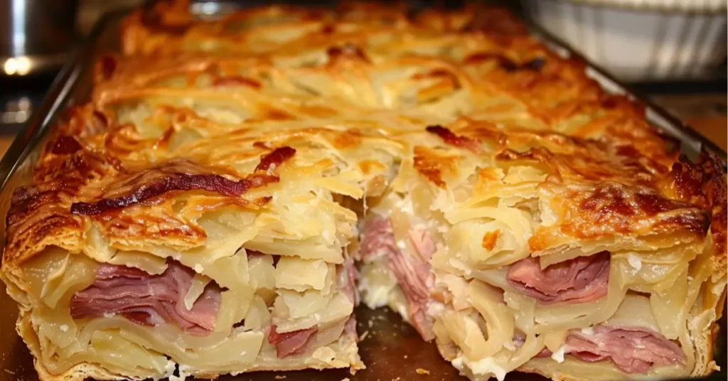 A baked dish with layers of pastry, ham, and noodles, partially sliced to reveal its filling.