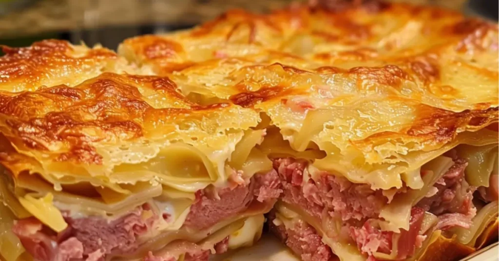 Ham and cheese layered potato casserole with a golden-brown, crispy top crust.