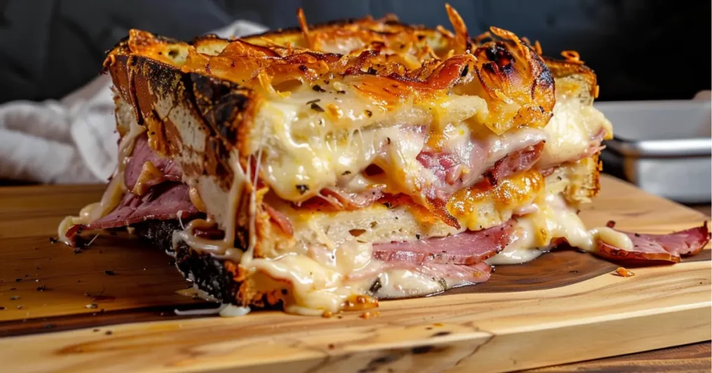 A close-up of a cheesy sandwich filled with ham, melted cheese, and crispy bread, resting on a wooden cutting board.