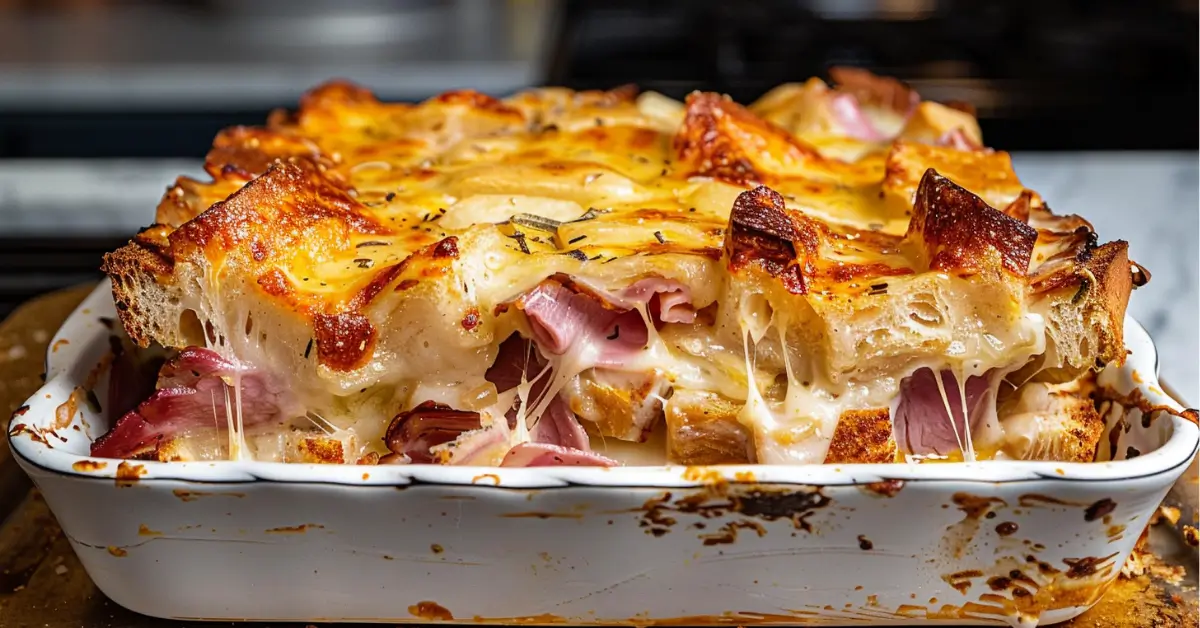 Cheesy baked ham and bread casserole with layers of melted cheese and crispy golden-brown edges.