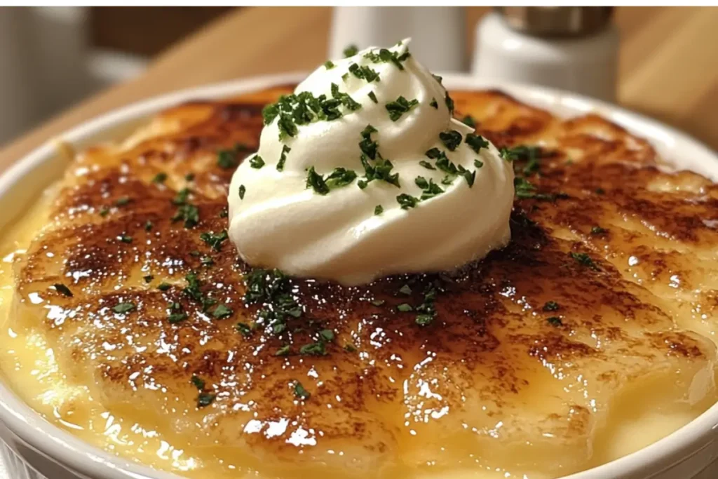 creamy-gratin-with-browned-top-topped-with-whipped-cream-and-chopped-herbs-in-a-white-bowl